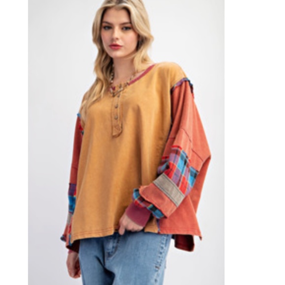 Easel Multicolor Plaid Print Color Block Button Long Sleeve Top - Picture 2 of 3